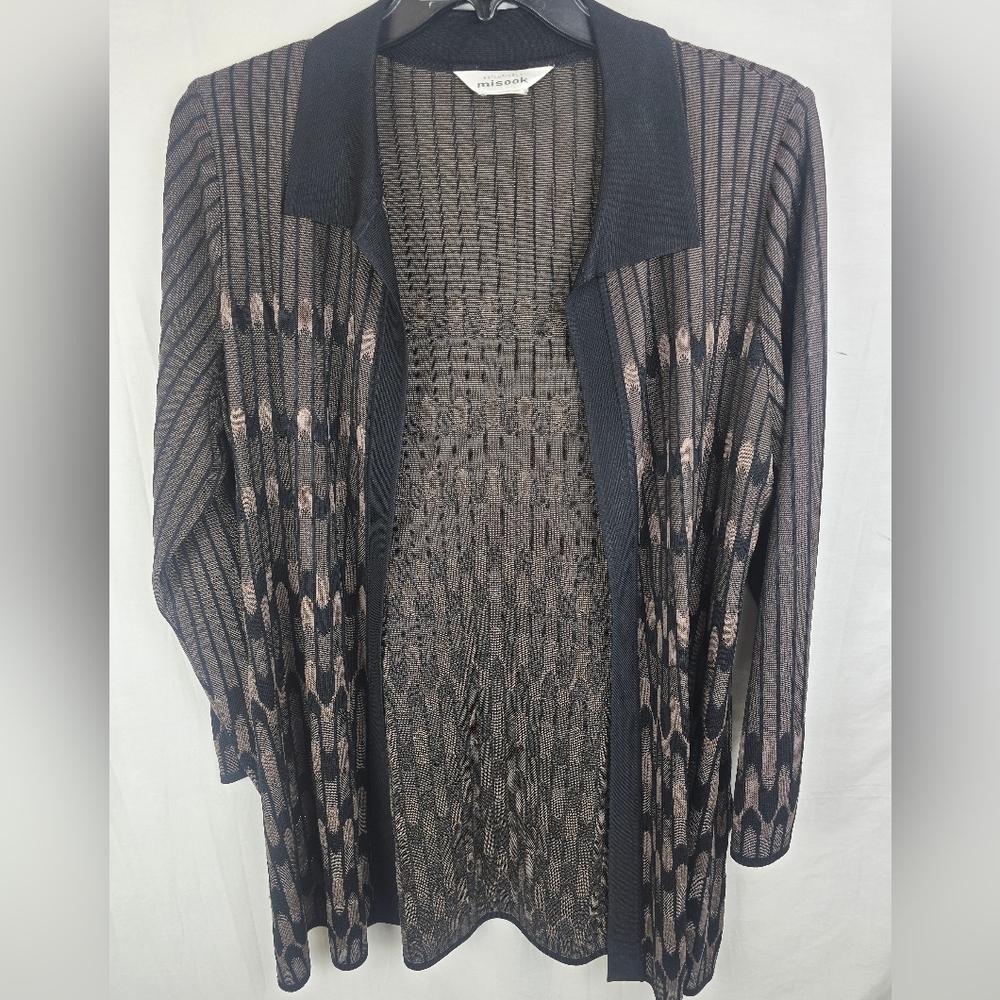 Misook Black and Brown Open Front Long Sleeve Quiet Luxury Cardigan Sz L